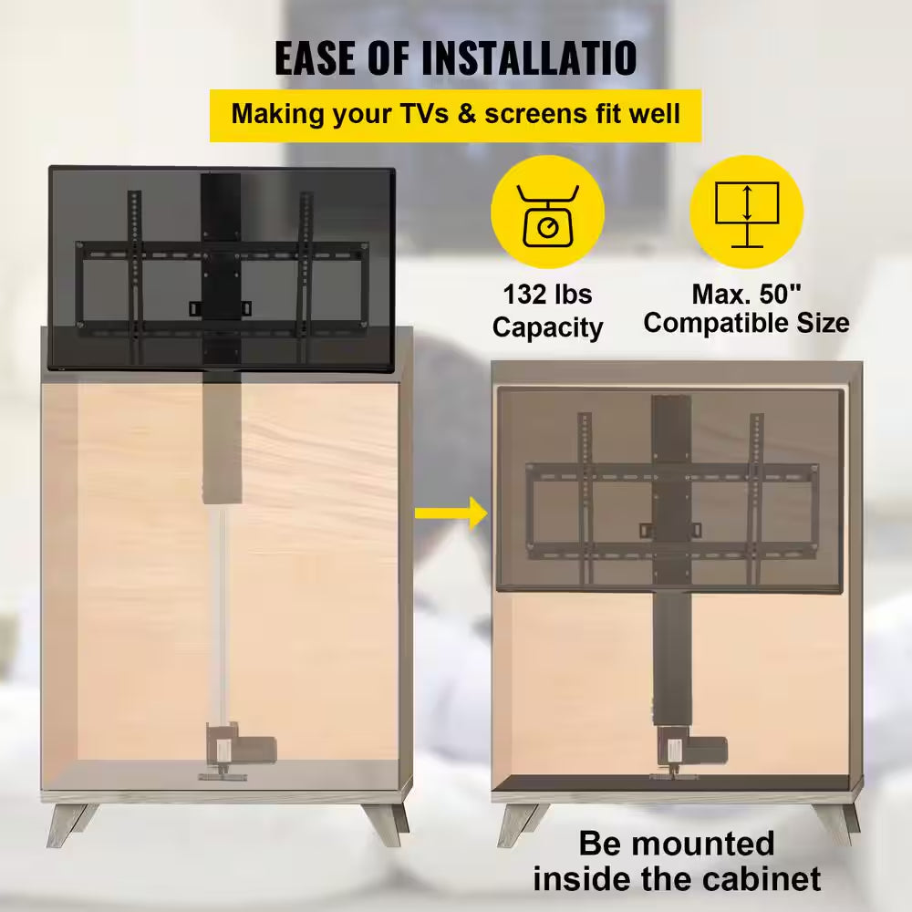 Automated TV Lift, 28In. Stroke, Adjustable Height 38In.-65In. Supports 50In. Screens, Remote Control, Max Load 132 Lbs.